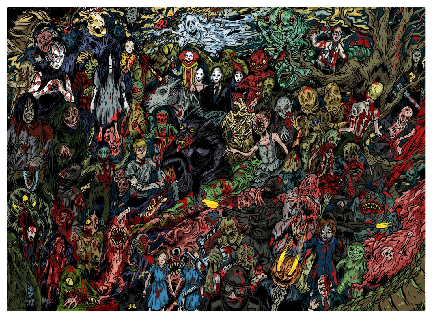 Cabin In The Woods - Small Scale Monster Mash - Colour, 12" X 16"