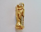 Vintage 80s Fantasy Kitsch Goldtone Gold Tone Angel Woman Vial Bottle Metallic Glitter Fairy Dust Pendant
