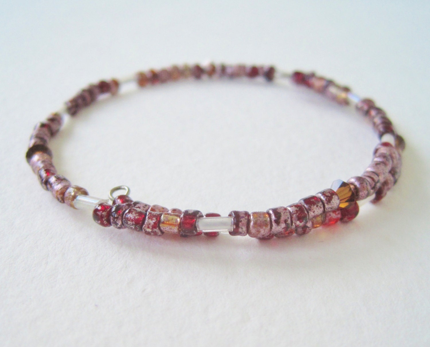 Vintage Boho Cottage Chic Distressed Metallic Pink Ruby Red Amber Dark Orange Seed Bead Beaded Wrap Coil Memory Wire Bracelet