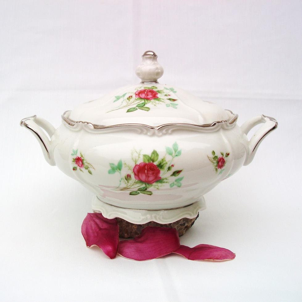 Covered Serving Dish, Soup Tureen, German Porcelain, Casserole Dish / Pink Roses / Silver / White
