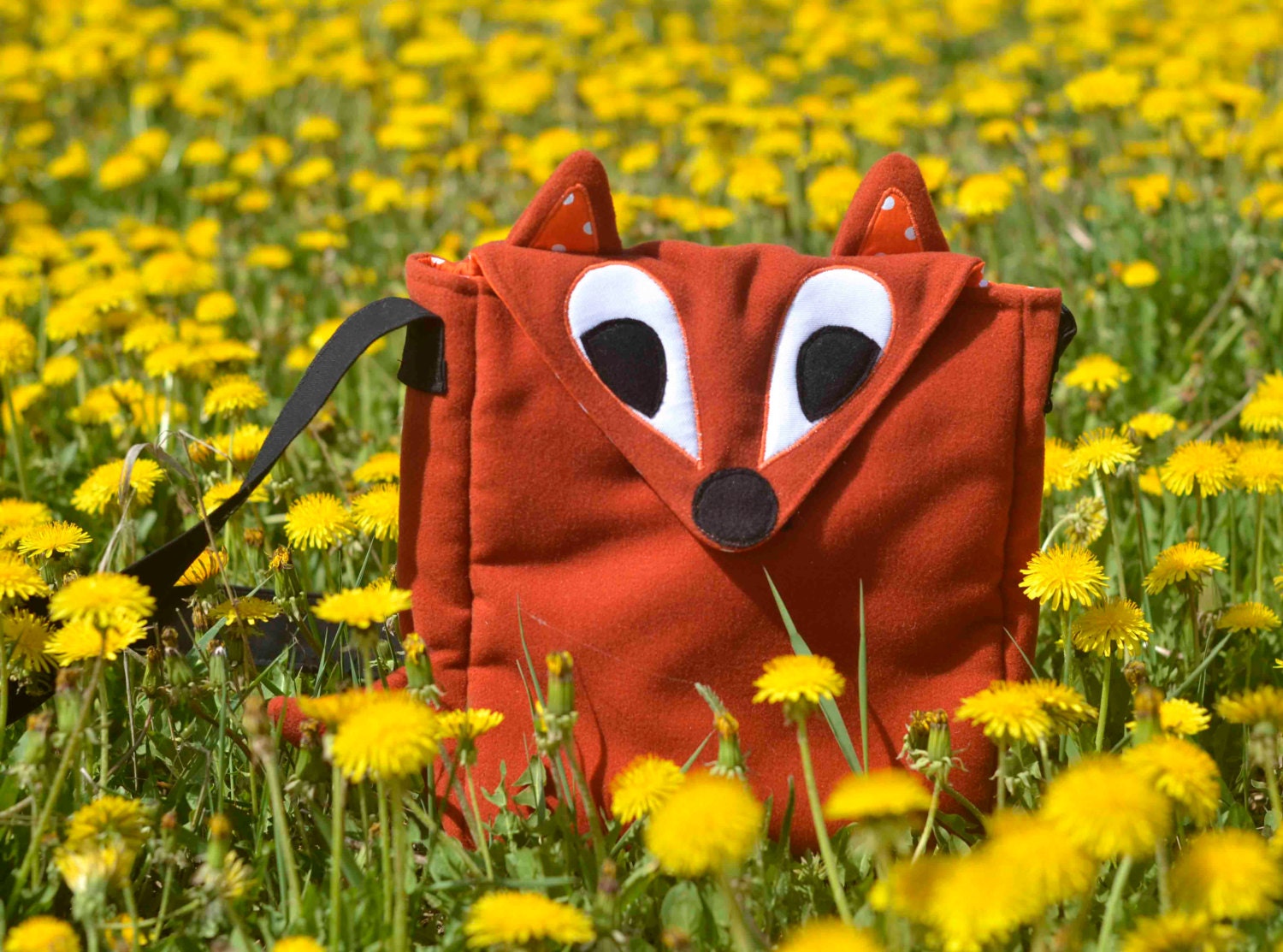 Little Fox small messenger bag, soft dark orange fabric with orange white polka dots, ready to ship