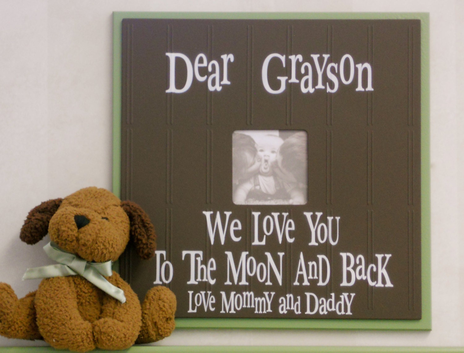 BROWN and GREEN Baby Boy Nursery - Love You To The Moon and Back - Personalized Name Frame - Custom Baby Girl Nursery Photo Frame