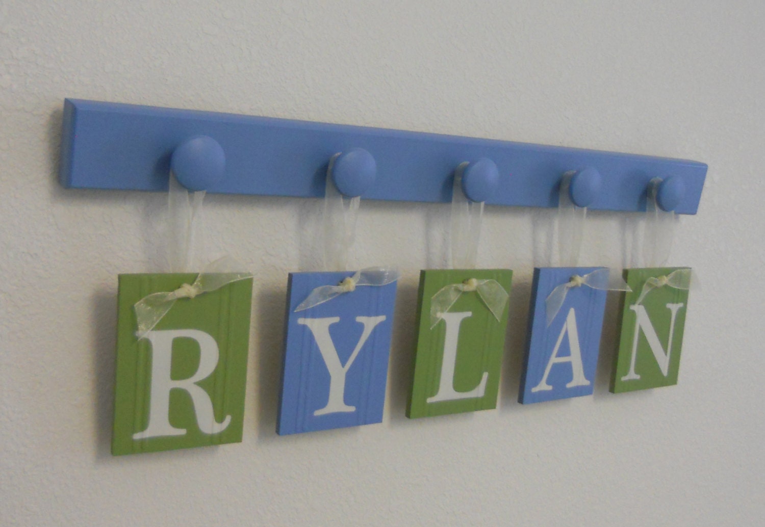 Custom Nursery Letters - Baby Name Wall Hanging - Personalized for RYLAN with 5 Wooden Pegs Blue and Green