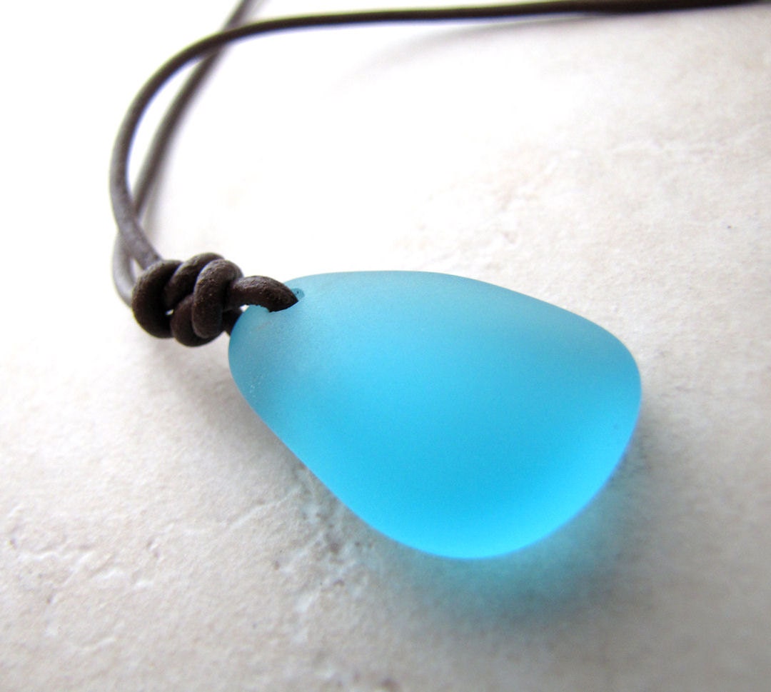 Mens Sea Glass Necklace Seaglass Aqua Turquoise Carribean Unisex Leather AdjustableNecklace Recycled Eco BellinaCreations