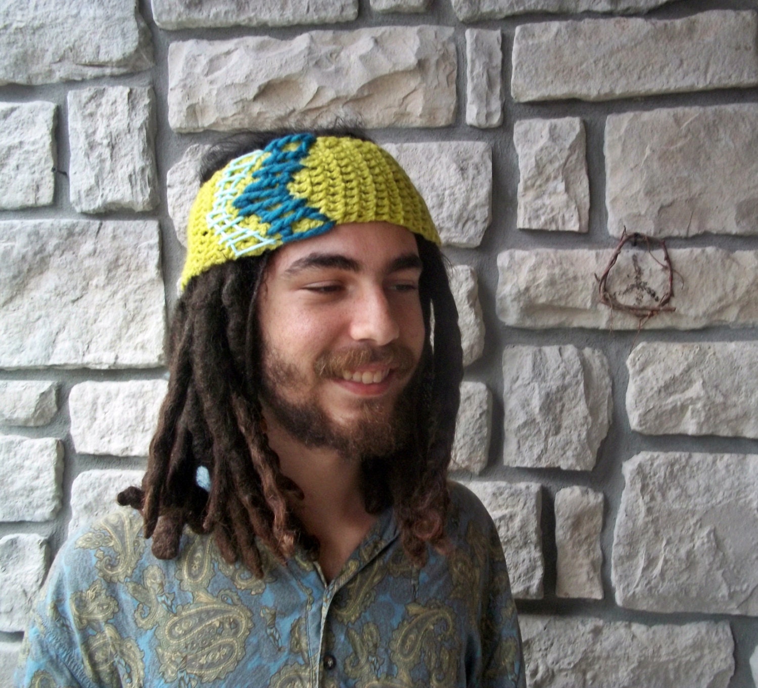 Neon Tribal Hippie Headband / Green Chevron Ear Warmer / Mens Womens Earwarmer