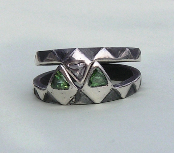 Silver triangle stacking ring, green emerald white diamond CZ ring