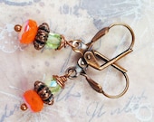 Trendy Dainty Tangerine Orange Sherbert Earrings - Lime Green Glass Crystals, Copper  Lever Back Ear Wires