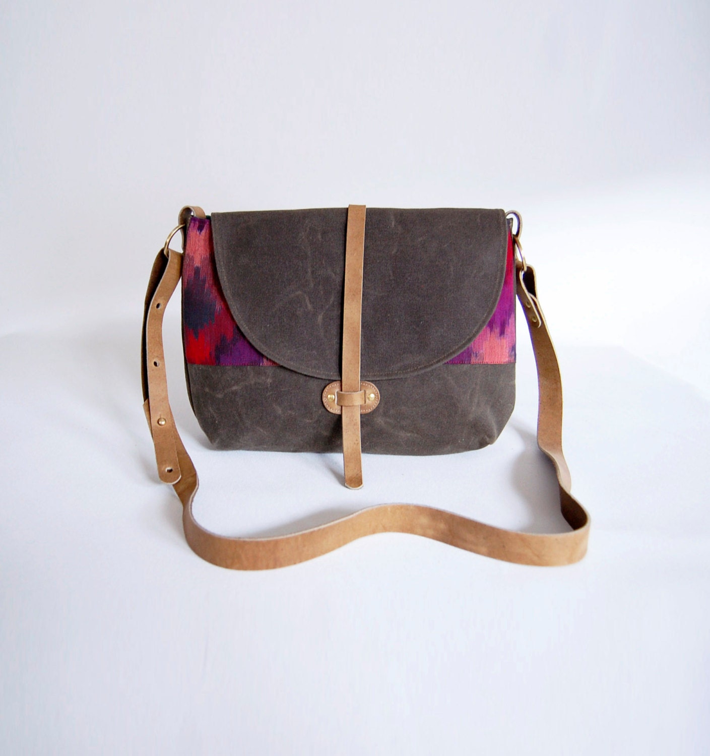 The Westwood Purse in Cove Green Waxed Canvas with Pink Ikat Contrast and Aged Leather Straps