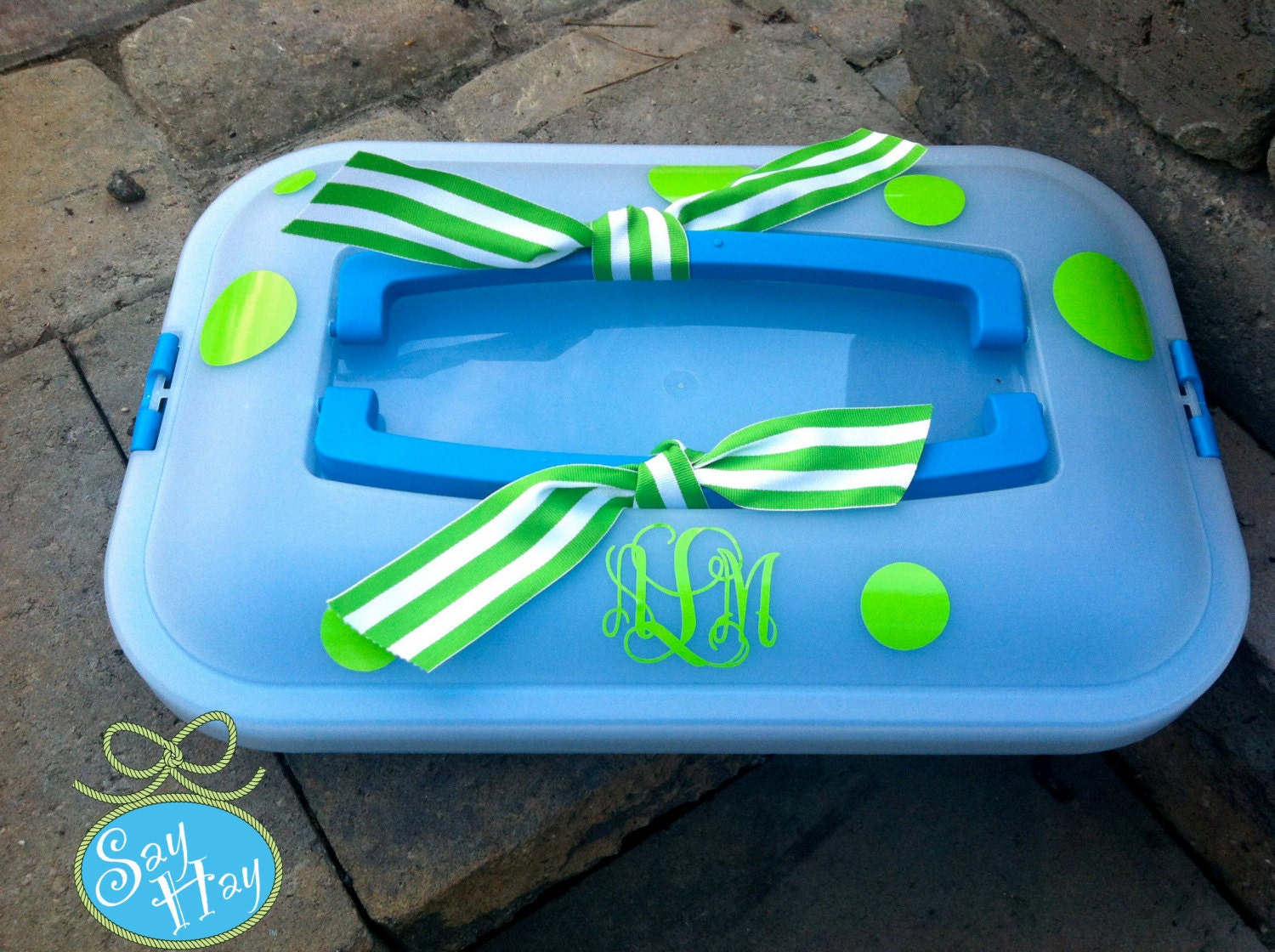 Bright Blue Preppy Rectangular Cake Carrier Personalized in the ribbon, polka dots, and monogram of your choice