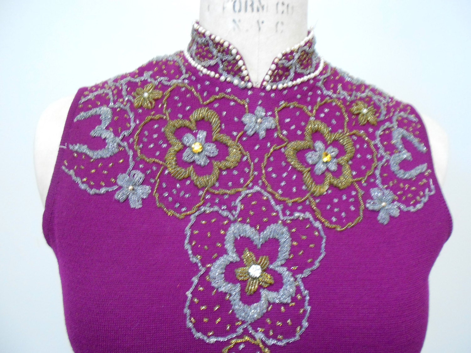 Vintage 1960s dress purple knit wiggle sheath manadarin style