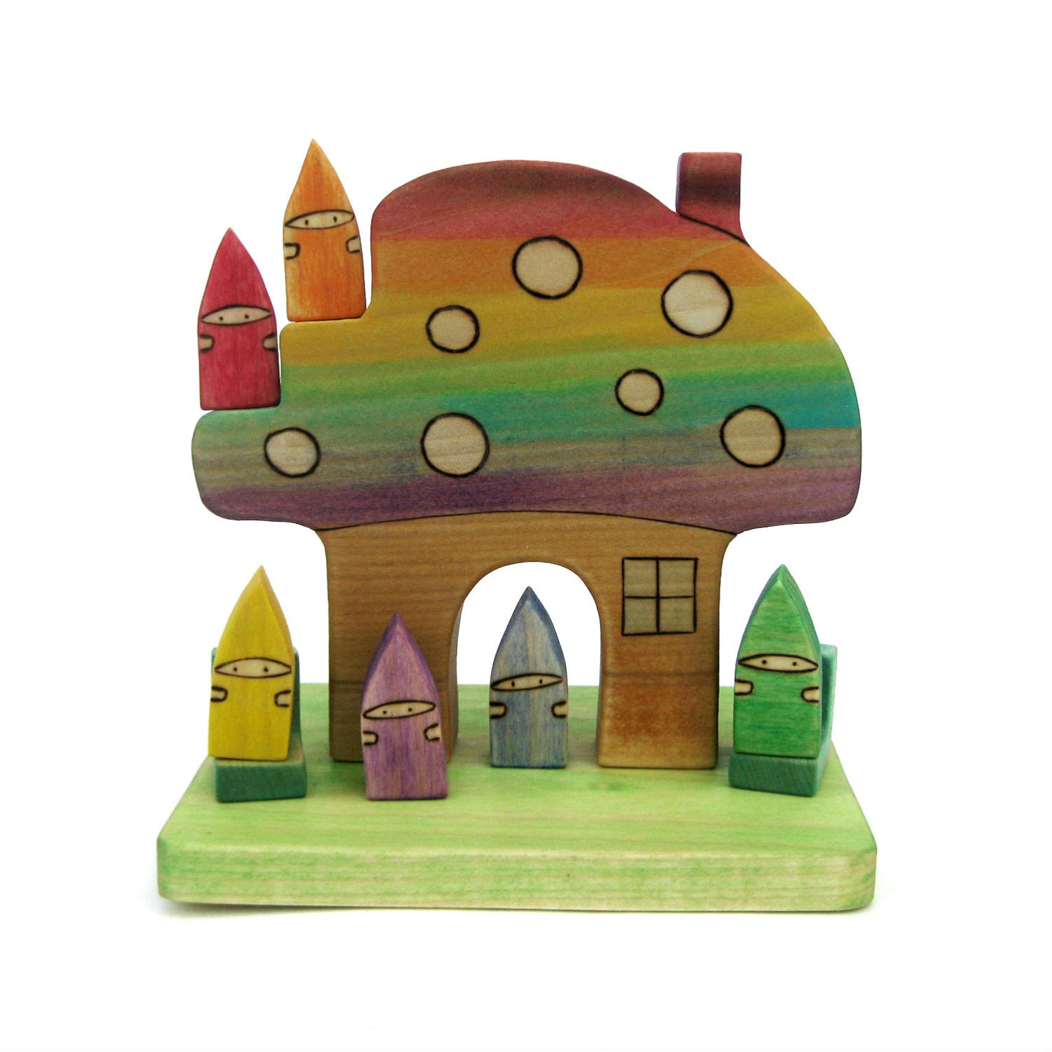 Rainbow Mushroom House & Gnomes - Handmade Wooden Toy - Waldorf Toy - Kids Toy - Wood Toy - Montessori