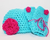 Baby Photography Prop - Hat and Leg Warmer Set - Newborn Photo Prop -  Baby Girls Crochet Legwarmers Infant - Turquoise and Hot Pink