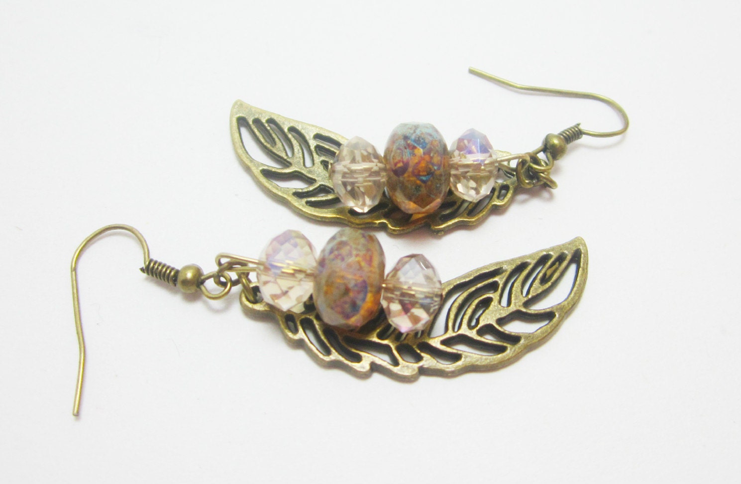 Bronze Leaf Feather Charm Earrings with Brown Czech Picasso and Light Topaz Crystal Beads Earthy Tones