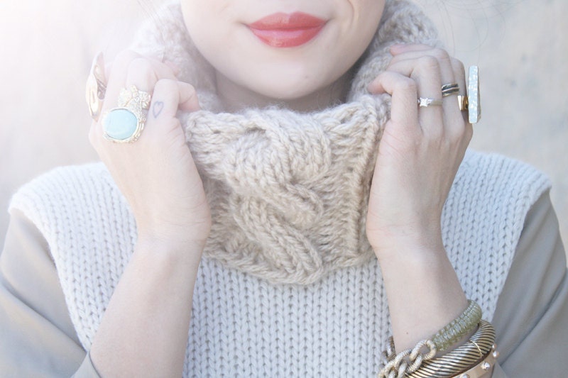 Cable Knit Cowl - Neckwarmer - The Cable Knit Cowl - Acrylic - Camel / Beige - meganEsass