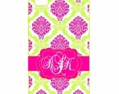 SPRING SALE iPhone 4 4s 5 iPod Touch 4 Personalized Custom Damask Hot Pink Lime/Apple Green White HaRD, RuBBer, or BuMPeR case