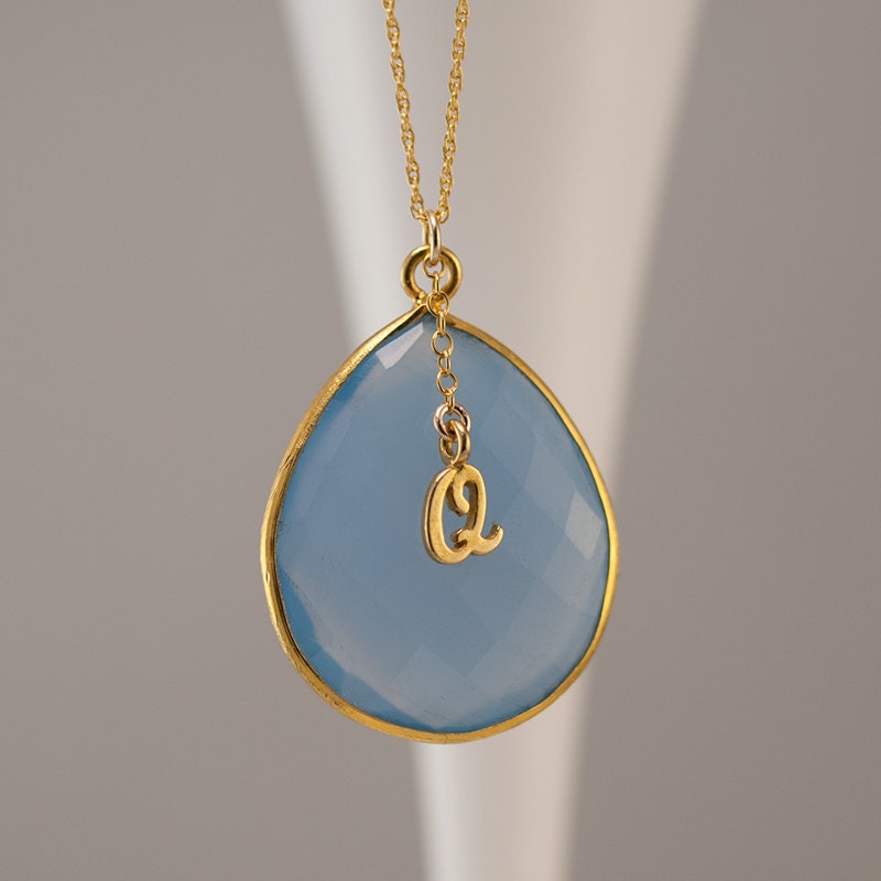 Personalized Blue Chalcedony Necklace - Gold Necklace - Personalized Jewelry - Large stone necklace
