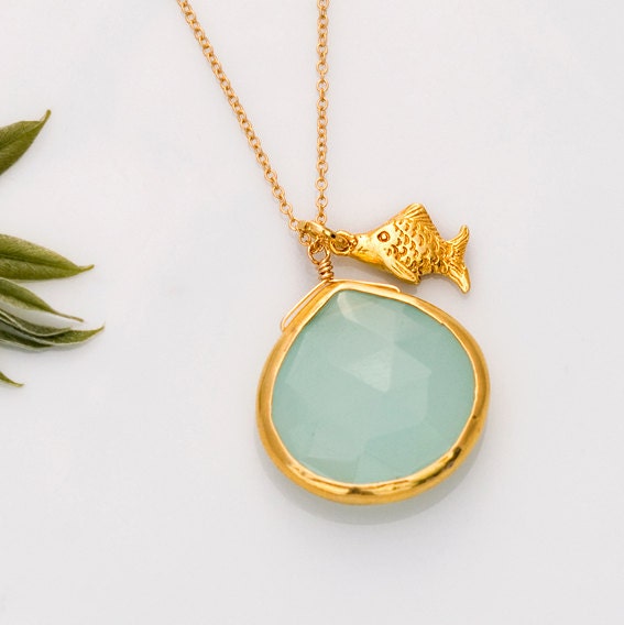 Aqua Blue Chalcedony Necklace - Fish Charm Necklace - Gold Gemstone Necklace Mother's Day Gift