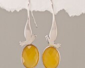 CLEARANCE - Yellow Chalcedony Earrings -  Silver Dove Bird Earrings - Bezel Earrings - Gemstone Earrings -