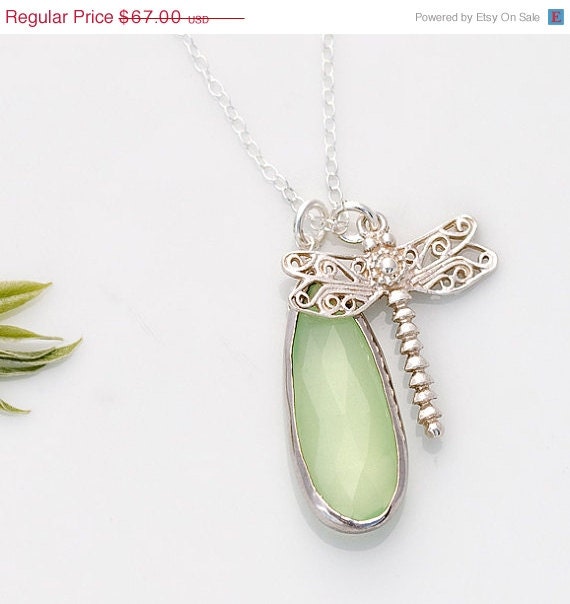 CLEARANCE - Aqua Green Necklace -  Dragonfly Charm Necklace - Silver Necklace - Bridesmaid Jewelry - Butterfly Charm Pendant Mother's Day G