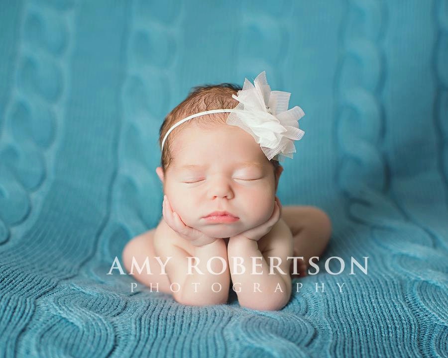 Baby Headband- White Tulle Flower with Pearl and Rhinestone Center on Skinny White Elastic Headband