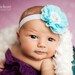 Baby Flower Headband- Aqua Ruffled Chiffon Flower with Rhinestone and Pearl Center on White Elastic Band