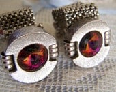 Vintage 60's "AURORA BOREALIS CUFFLINKS" Silver Toned Oval Framed Meshed Cufflinks