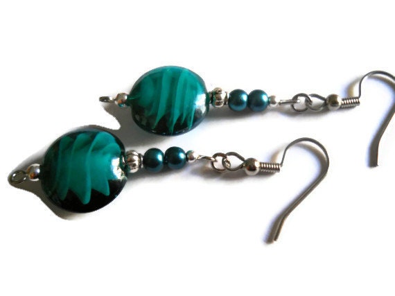 Teal Pearl Earrings, Teal Earrings, Teal Lampwork Glass Earrings, Silver Black, Cobalt Blue Pearl Beaded Jewelry