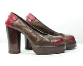 Glam rock platform pumps. Brown and red leather chunky heeled dolly shoes. 1970's platforms. Size 5-5.5.