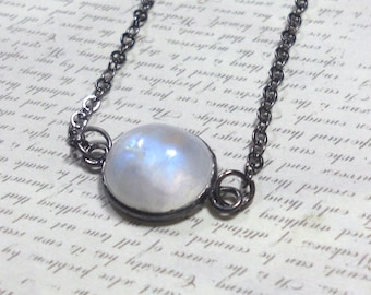 Moonstone Necklace, Pendant Necklace, Fire Blue Moonstone Coin Connector, June Birthstone, Women's Jewelry