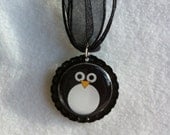 Whimsical Penguin bottle cap with  ribbon strand necklace