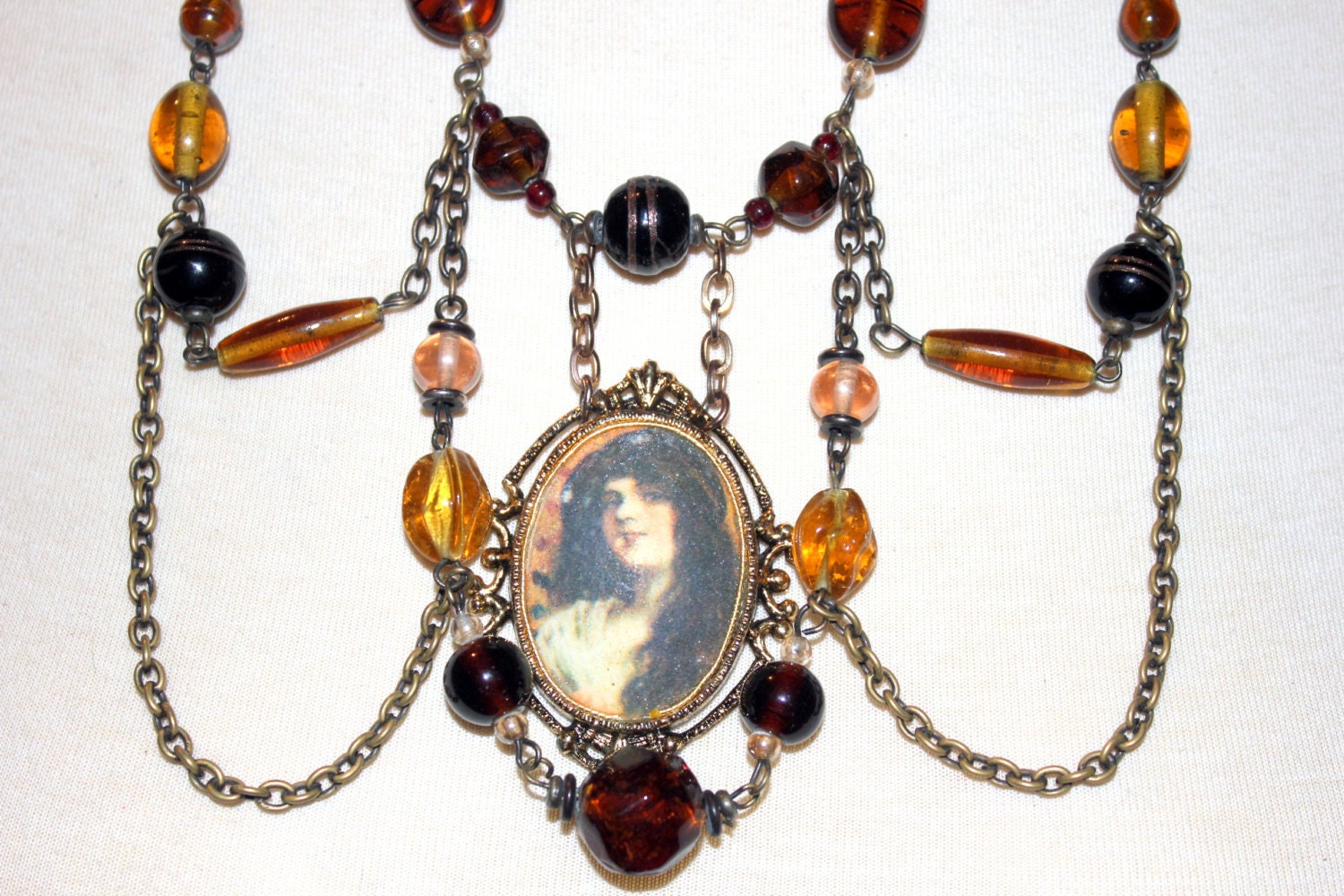 Amber Goddess Necklace Up-cycled Re-purposed Jewelry Glass and Chain Cameo Necklace