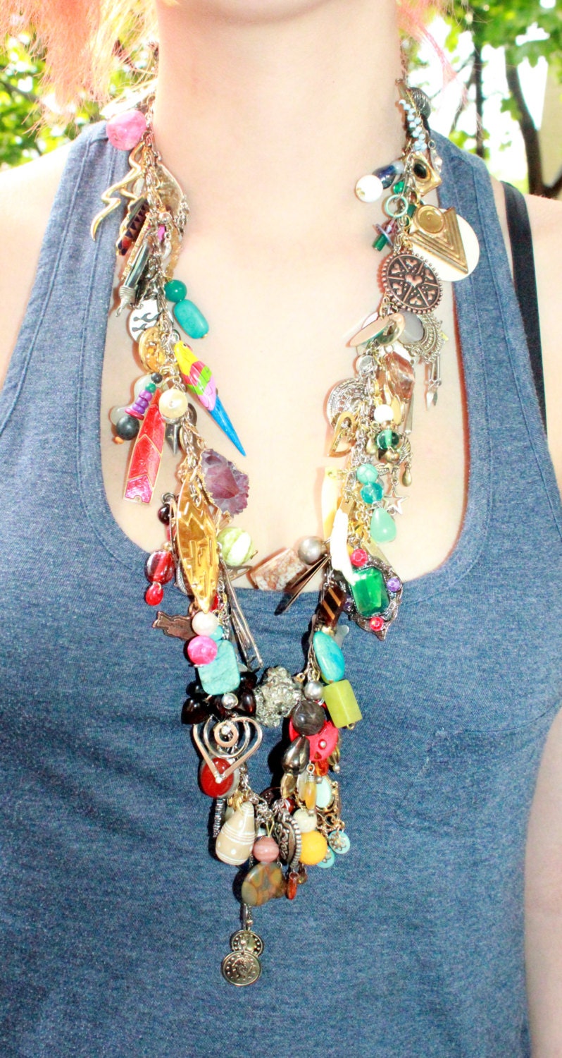 16 Oz Upcycled Repurposed Charm Necklace Boho Fringe Dangle Unique OOAK