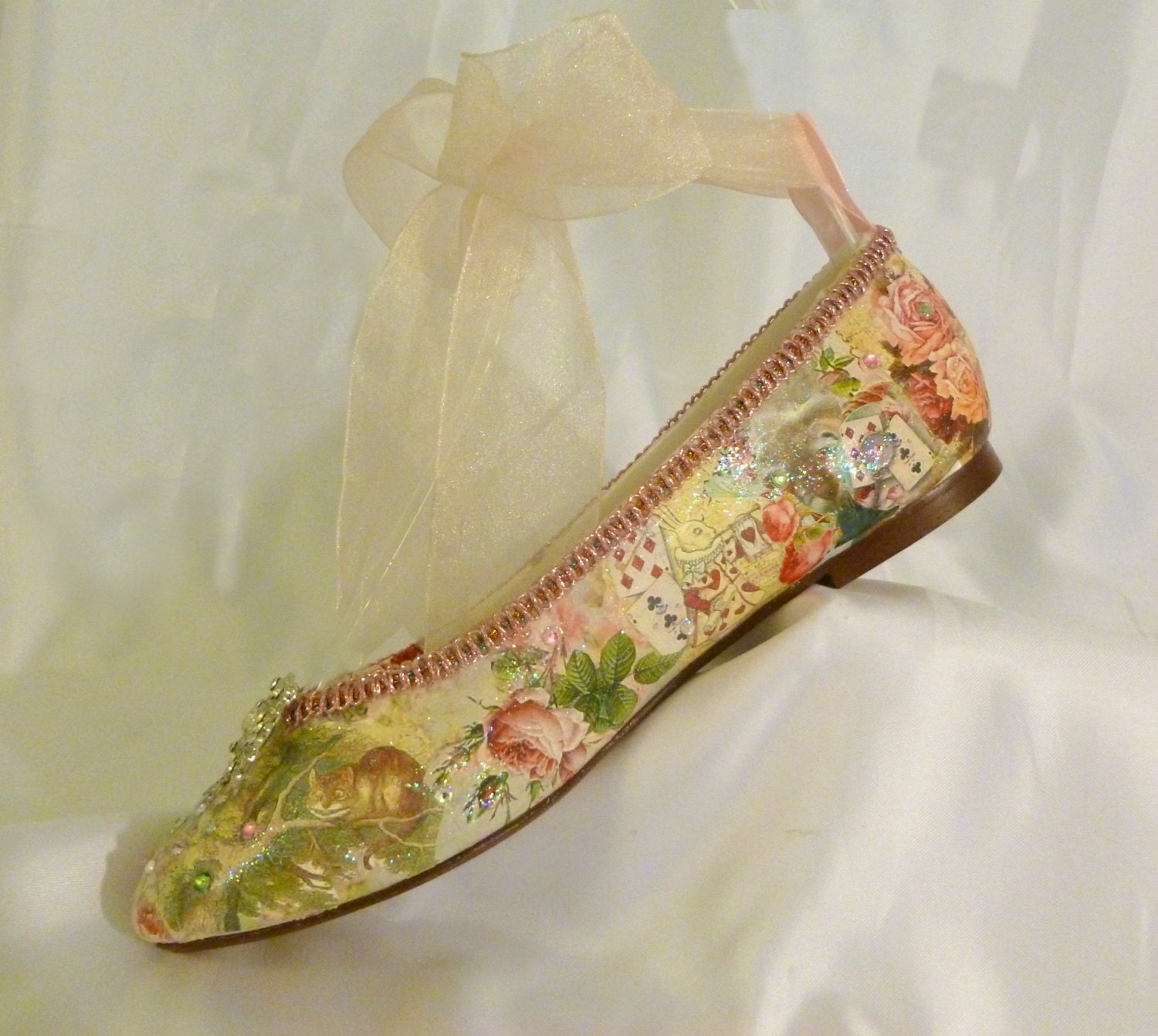 Alice in Wonderland theme ballet flats.. bespoke custom design wedding shoes