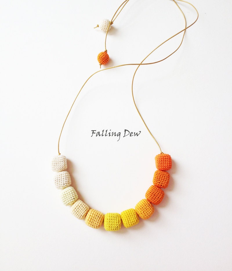Necklace 'Have Fun' Yellow, Oange Colours Palette Crochet Beads Leather Cord Crochet Beads Summer Fashion, Teen Fshion
