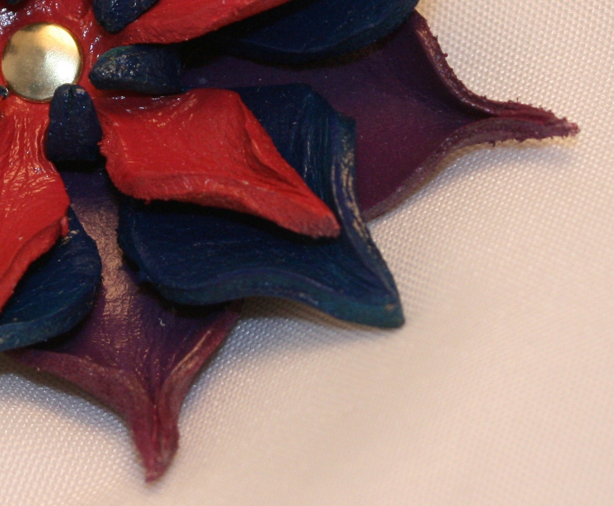 Red, Blue, and Purple Leather Flower Hair Clip