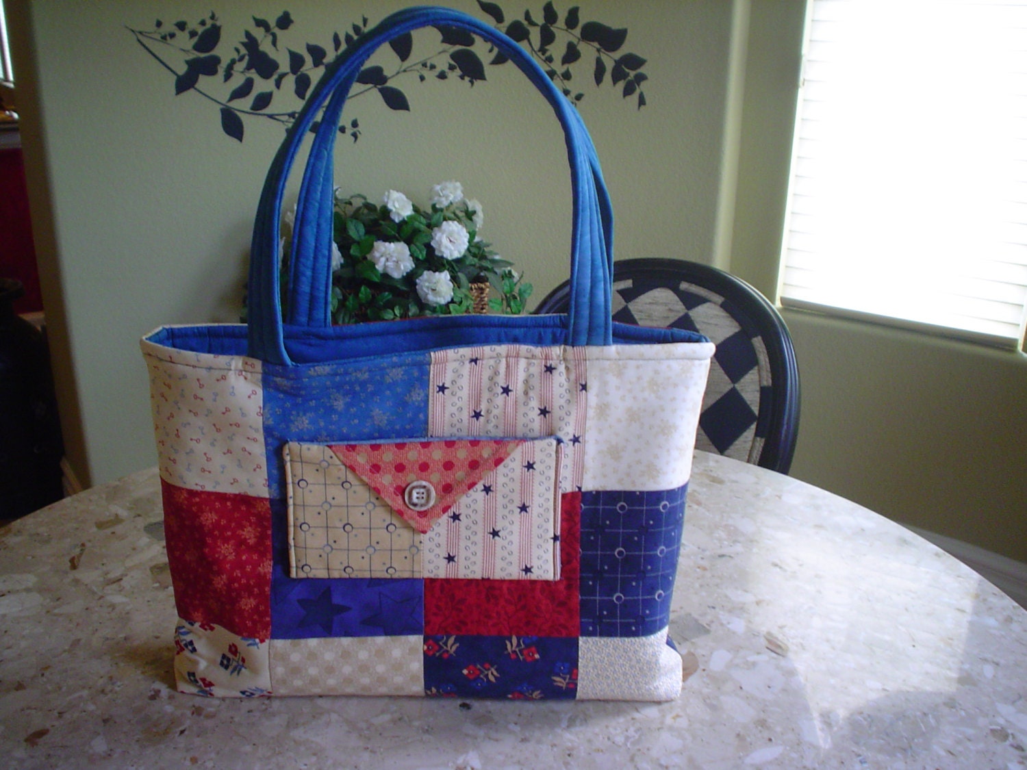 Quilted Tote Batik Cotton Bag Purse Handmade Beige Red White Blue OOAK