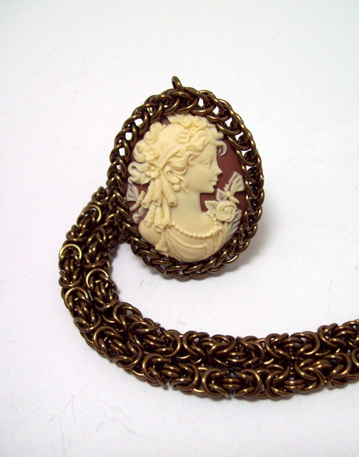 Necklace, cameo, jewelry, chainmaille necklace, cameo necklace
