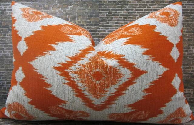Designer Pillow Cover - Lumbar 10 x 20, 12 x 16, 12 x 18 - Outdoor Ikat Orange -