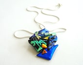 Fused glass pendant, multicoloured dichroic glass freeform necklace