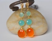 Long Jewel Dangle Earrings in Orange Turquoise and Aqua.  Orange Dangle Earrings.  Turquoise Jewel Earrings. Gift for Her.