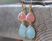 Coral Pink Teardrop and Amazonite Blue Teardrop Dangle Jewel Earrings in Gold. Coral Bridesmaid Earrings. Coral Spring Fashion Earrings.