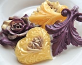 ROSE HEARTS SOAP, For Mom, Amethyst and Gold Roses and Fleur de lis Set, Scented in Blackberry & Sage, Vegetable Based, Handemade