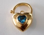 Large Sterling Silver Gold Plated Puff Heart Padlock Set with a Sparkling Faceted Blue Heart Gemstone for on a Charm Bracelet