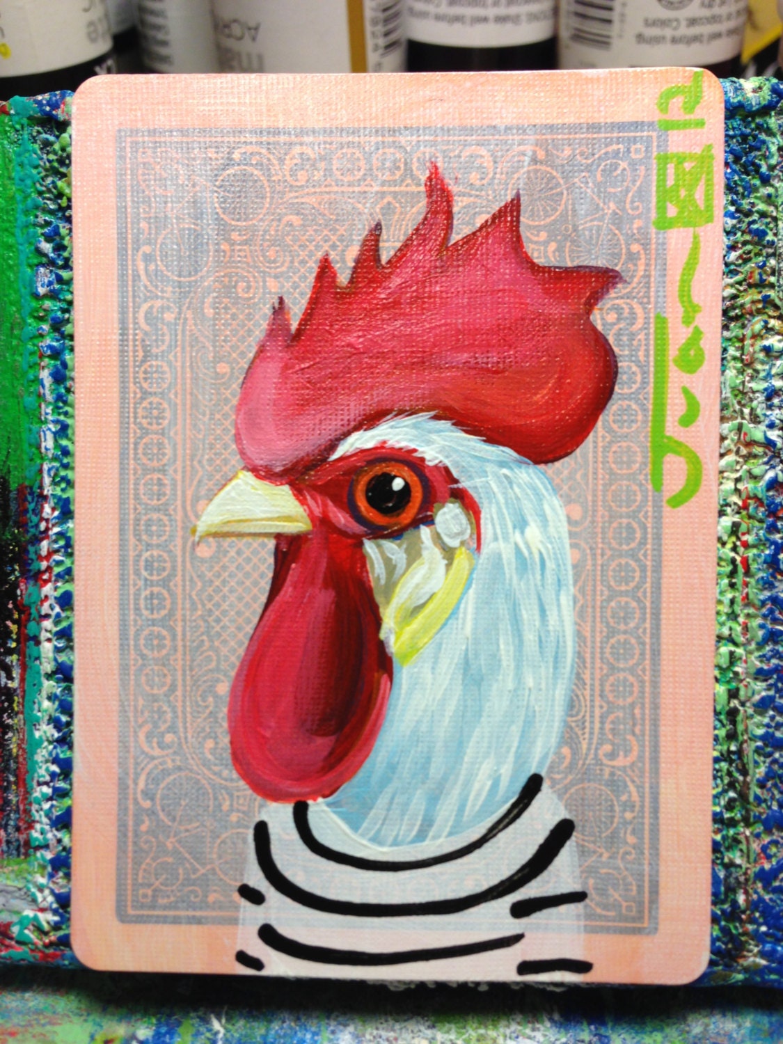 Rooster portrait N33 on a playing cards. Original acrylic painting. 2012