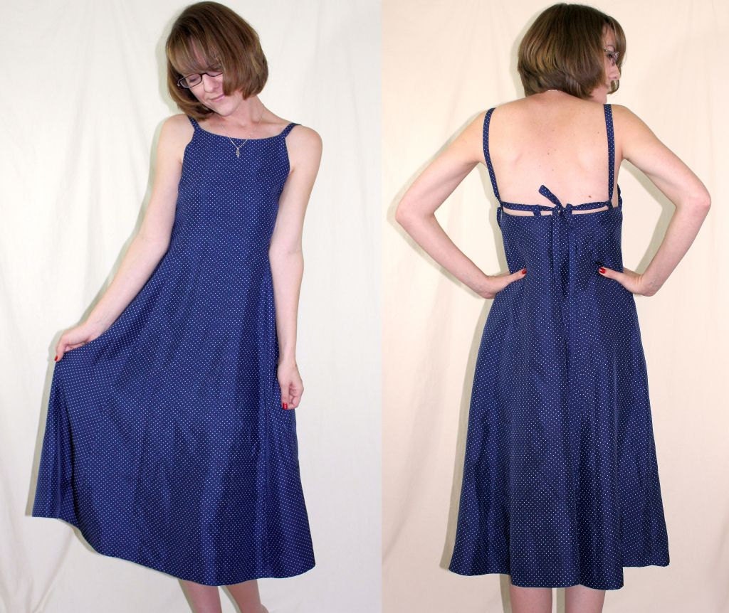 vtg 90s dress // navy polka dot HALTER DRESS backless sundress // XS-S c786