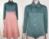ViNtAgE 70s LEOTARD // long sleeve heather green onesie bodysuit blouse // S-M c873