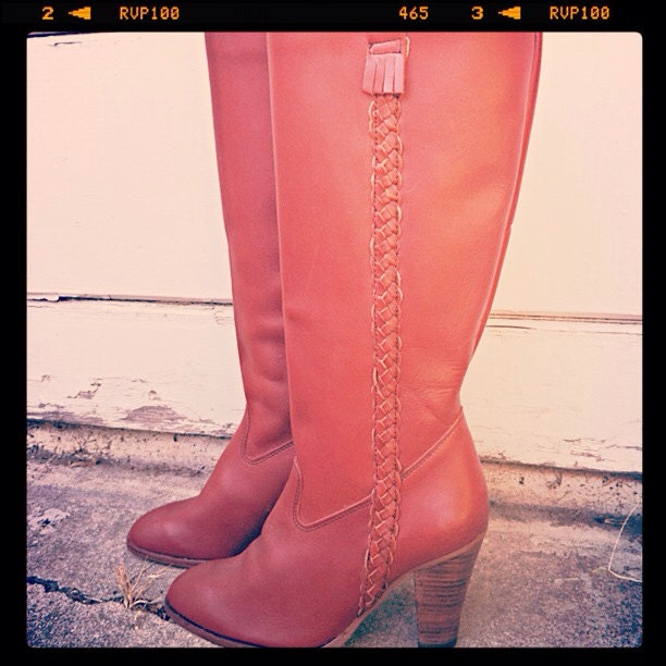 ViNtAgE 1970s KNEE HIGH BOOTS cognac brown braided leather Bohemian Heels 7 - a211