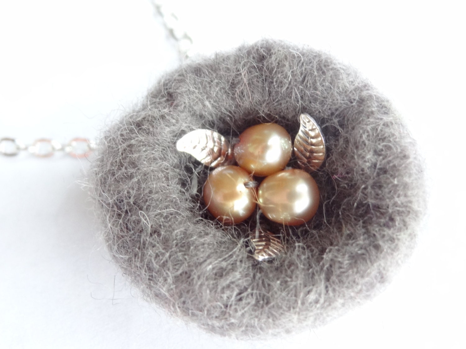 birds nest necklace felted grey nest pearl beads silver chain