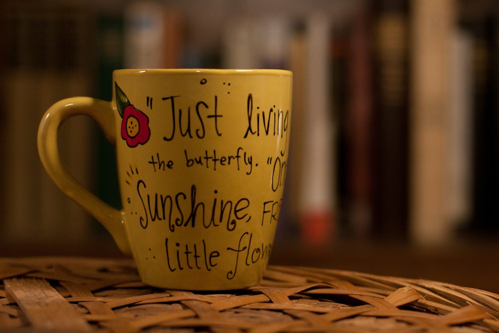 Hans Christian Andersen "Sunshine, freedom, and a little flower" Hand Painted Literary Quote Mug - Medium, lemon yellow mug with  flowers