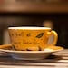 Sale: Chipped J.M. Barrie "Would you like an adventure now" Peter Pan Literary Quote Mug - Mustard yellow hand painted teacup and saucer